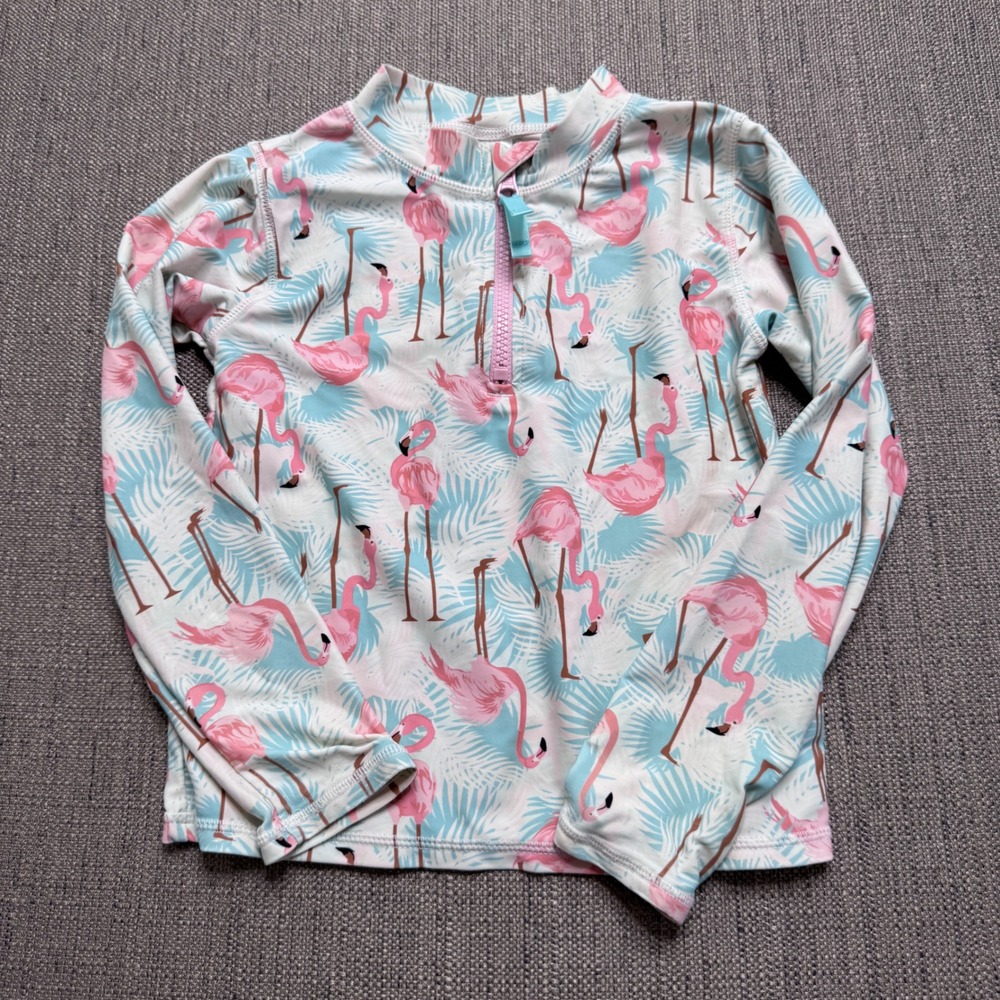 RuffleButts Girls Flamingo Palm Long Sleeve Rash Guard Swim Top Pink Blue 6